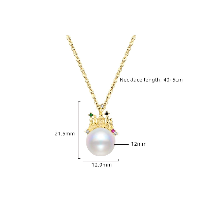925 Sterling Silver Long-Lasting Plated Shell Pearls Zircon Cable Chain Polishing Plating Inlay Geometric Castle Pendant Necklace