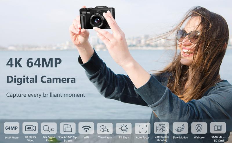 Product Introduction of 4K Digital Camera for Photography with 64MP, 3 Inch 180° Flip Screen, 18X Digital Zoom, 32GB Micro SD Card, 2 Batteries, Ideal for Beginners 1