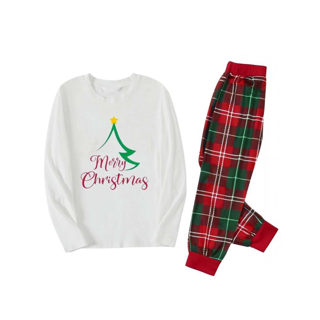 Christmas Tree of Shape with Stars and "Merry Christmas" Artistic Font White Long Sleeve Top with Red & Green Plaid Pants Family Matching Pajamas