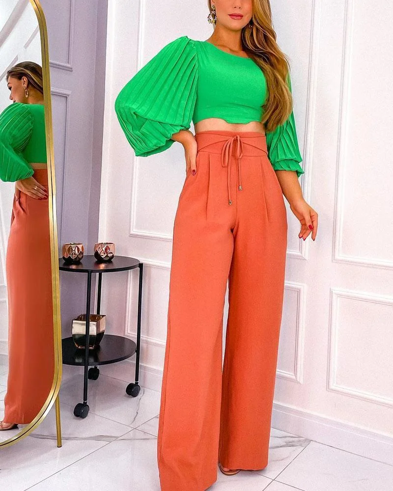 Vintage Square Collar Top Pants Solid Color Suit