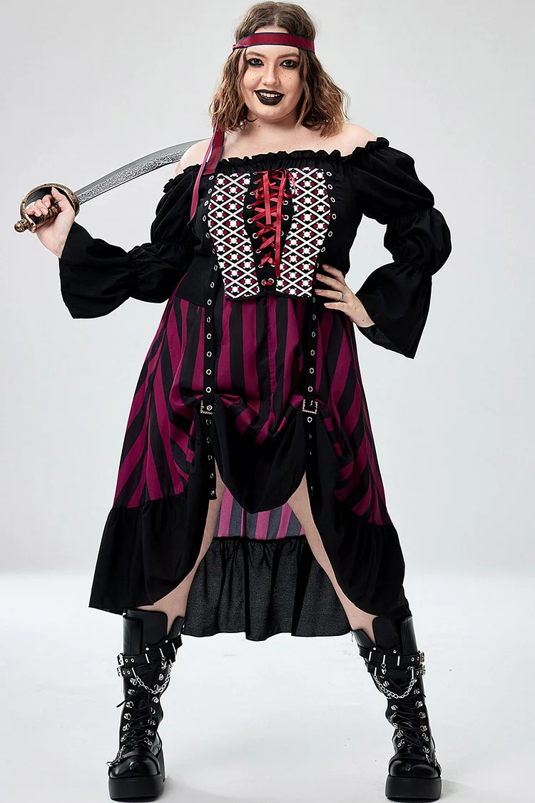 Xpluswear Design Plus Size Halloween Costume Cosplay Black Off The Shoulder Lace Up Midi Dress