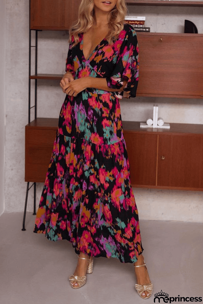 V Neck Floral Bat Maxi Dress