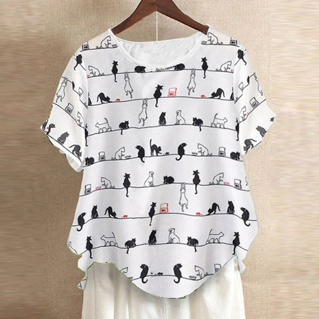 Plus Size Fashion Cotton Linen Blouse Shirt Cute Cat Print Tops Casual Summer Ladies Female Women Short Sleeve Blusas Pullover