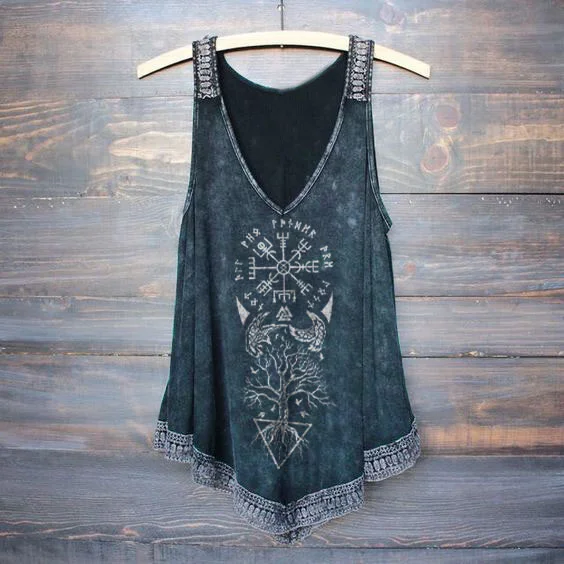 Wearshes Retro Viking Totem Stitching Lace Printed V-Neck Tank Top