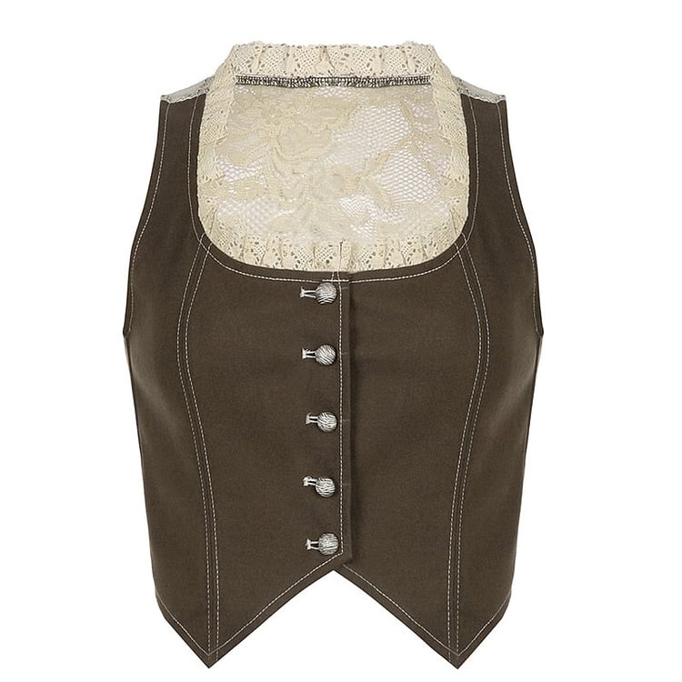 Rapcopter Y2K Lace Vintage Corset Top Button O Neck Cute Brown Crop Top Women Sleeveless Prepply Party Sweet Sweats Korean Chic