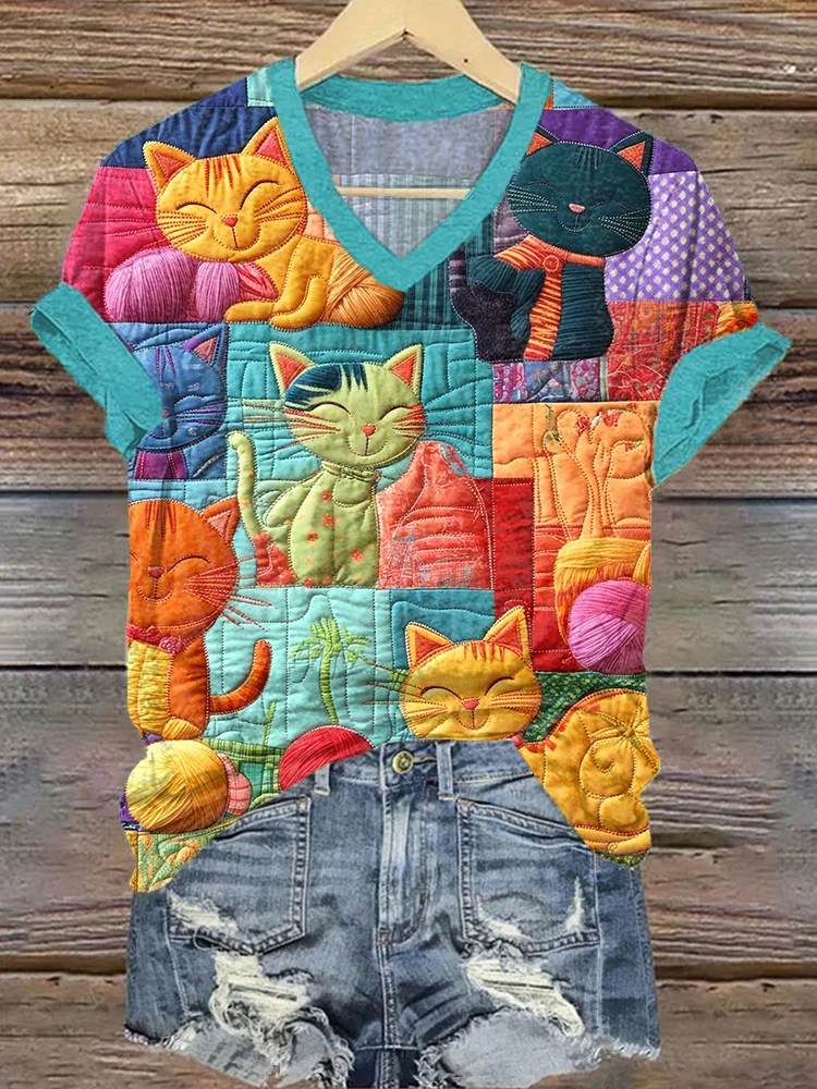 Colorful Cat Pattern Patchwork Art V-neck T-Shirt