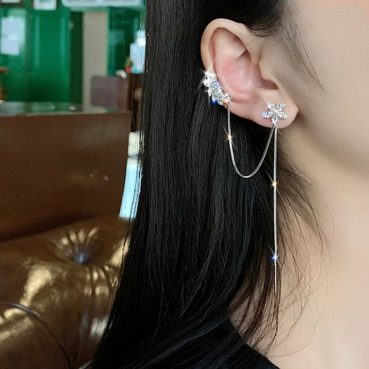 YOY-Crystal Trendy Water Flower Tassel Earbone Clip  Ins Earrings