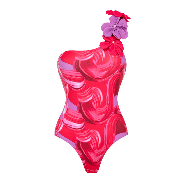One Shoulder 3D Flower Decor Printed One Piece Swimsuit and Skirt