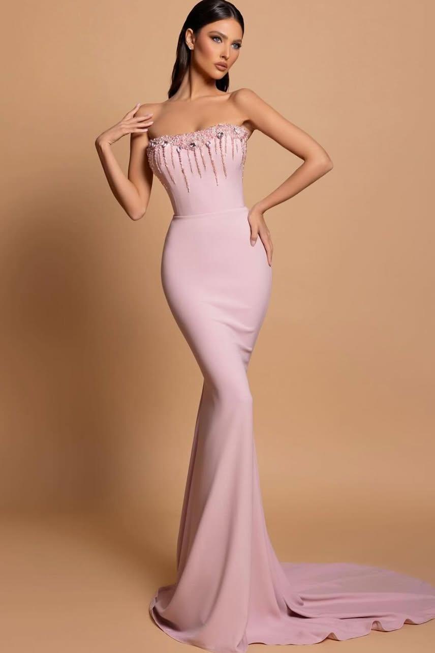 Lussooy Satin Sleeveless Stunning Pink Strapless Mermaid Prom Dress with Beadings  