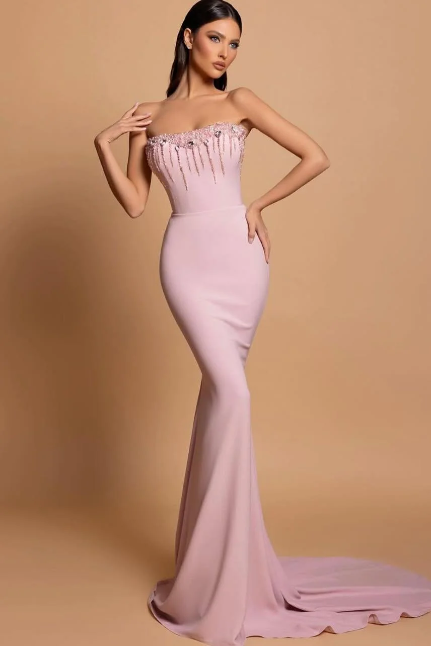 Miabel Stunning Pink Satin Sleeveless Strapless Mermaid Prom Dress with Beadings 