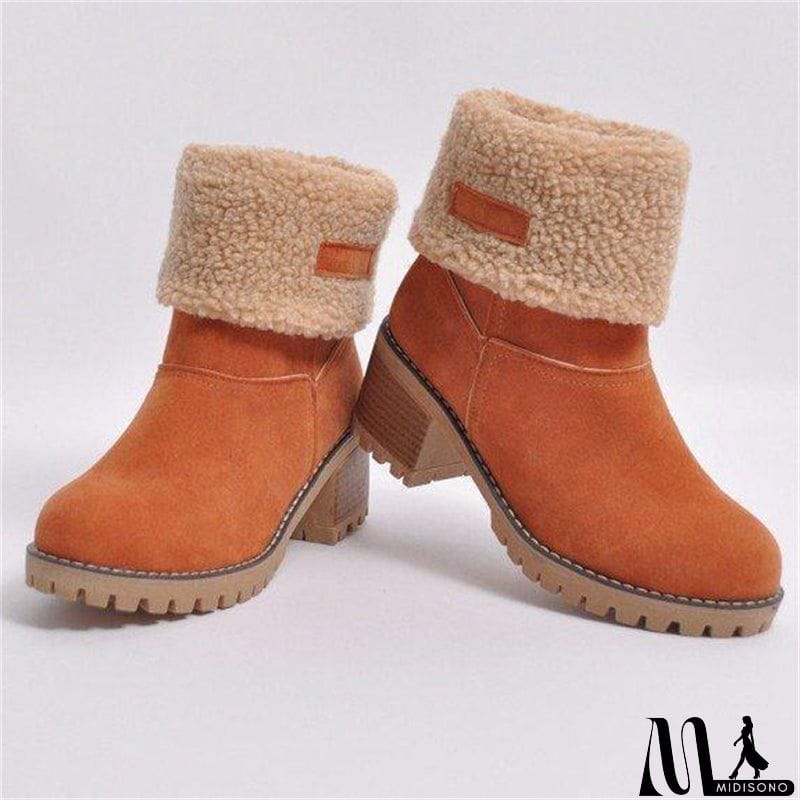 MidiSono - Warm Fur Lining Square Chunky Heel Suede Snow Boots for Women