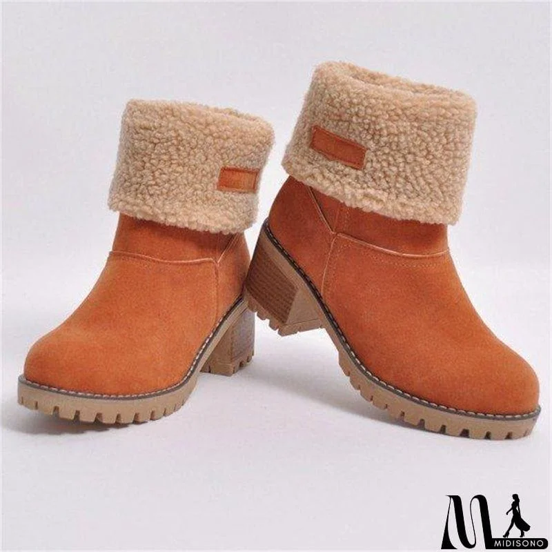 MidiSono - Warm Fur Lining Square Chunky Heel Suede Snow Boots for Women