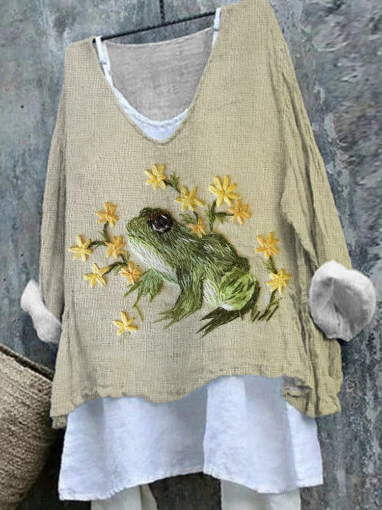 Frog & Flower Embroidery Linen V-Neck T-Shirt