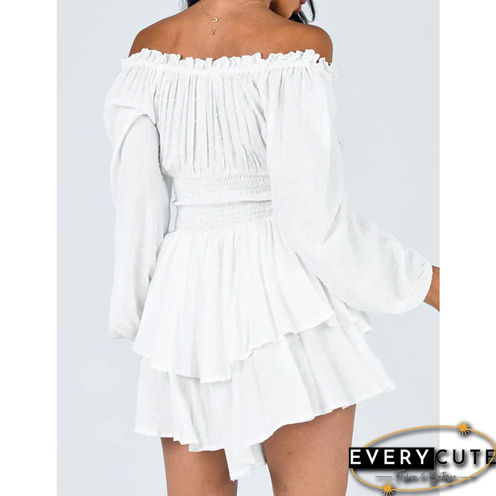 White Off Shoulder Pleated Ruffled Long Sleeve Romper