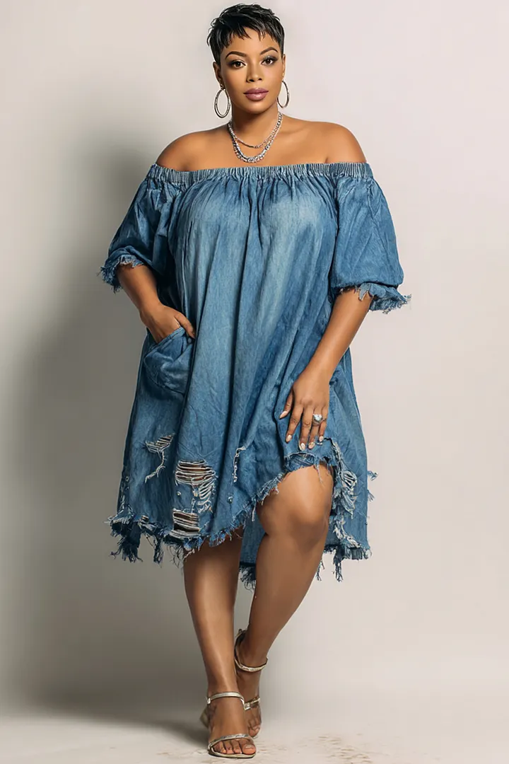 Xpluswear Design Plus Size Party Blue Off The Shoulder Short Sleeve Pocket Ripped Denim Mini Dresses 2024 - Xpluswear