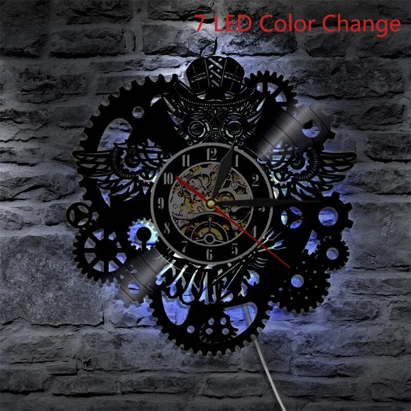 Vinyl Record Wall Clock Modern Design 3D Decorative Steampunk Clock with 7 Different Color LED Change Gear Wall Watch Home Decor