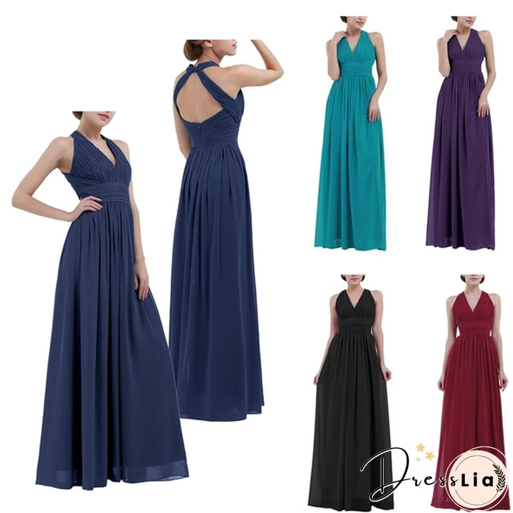 Women Ladies Chiffon Halter Deep V Neck Pleated Bridesmaid Dress Evening Party Prom Gown