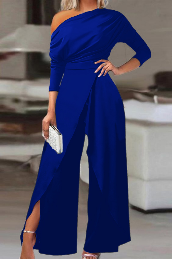 Black One shoulder Long Sleeve Pleated Jumpsuit JP0086