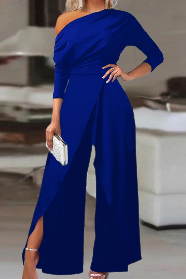 Daisda Chic Black One Shoulder Long Sleeves High Waist Wid-Leg Pleated Jumpsuit