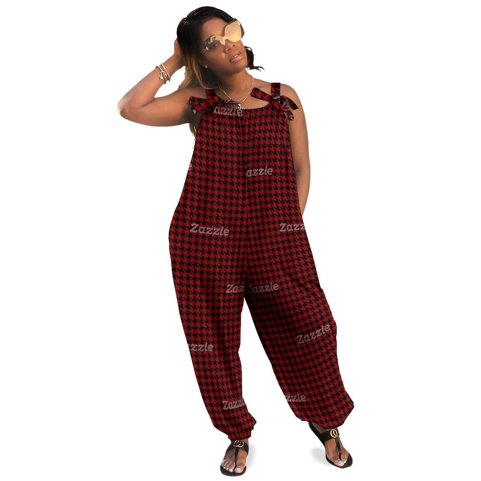 Black And Red Houndstooth Check Boho Vintage Loose Overall Corset Jumpsuit Without Top