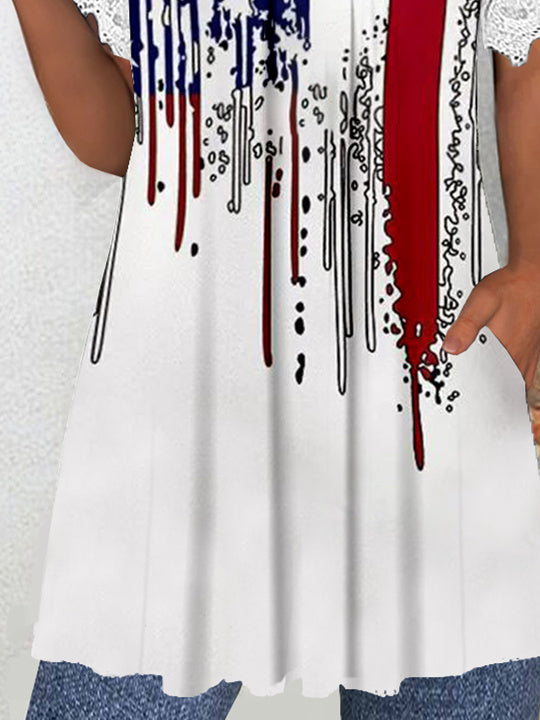 Women's Short Sleeve V-neck Graphic Lace Pockets Tops