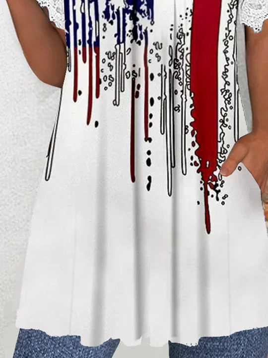 Women's Short Sleeve V-neck Graphic Lace Pockets Tops