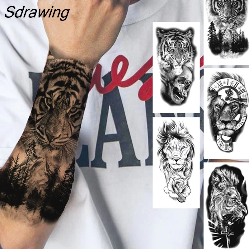 Sdrawing Tiger Temporary Tattoo For Men Women Fake Lion Half Sleeve Skull Tattoos Sticker Black Beast Flower Skeleton Tatoos Paste