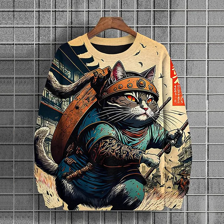 Men's Japanese Samurai Cat Art Print Casual Sweatshirt