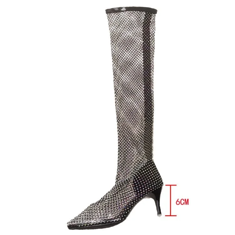 Full Rhinestone Mesh Summer Boots Women Thigh High Over The Knee Sandals Zapatos Transparentes De Mujer