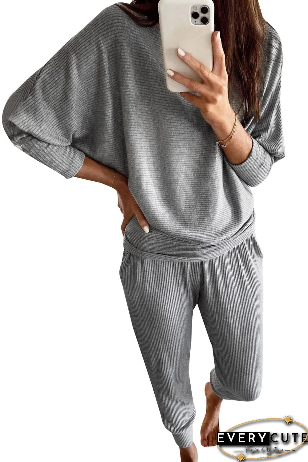 Gray Ribbed Knit Batwing Sleeve Pullover and Pocketed Pants Set