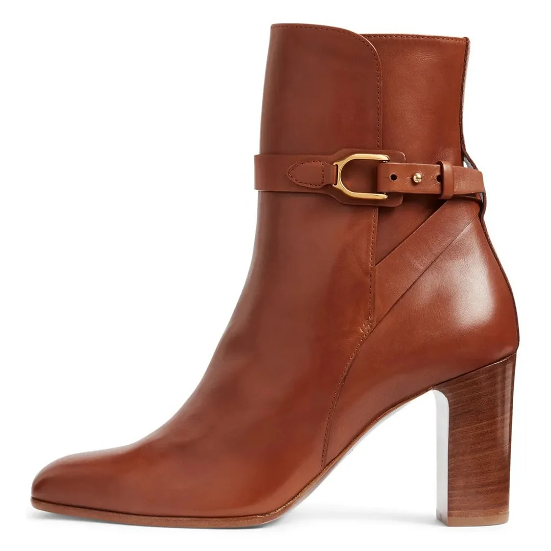 Brown Chunky Mid Heel Decorative Buckle Strap Short Square Toe Boots