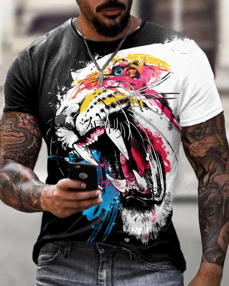 Casual Black Tiger Print Short-sleeved T-shirt