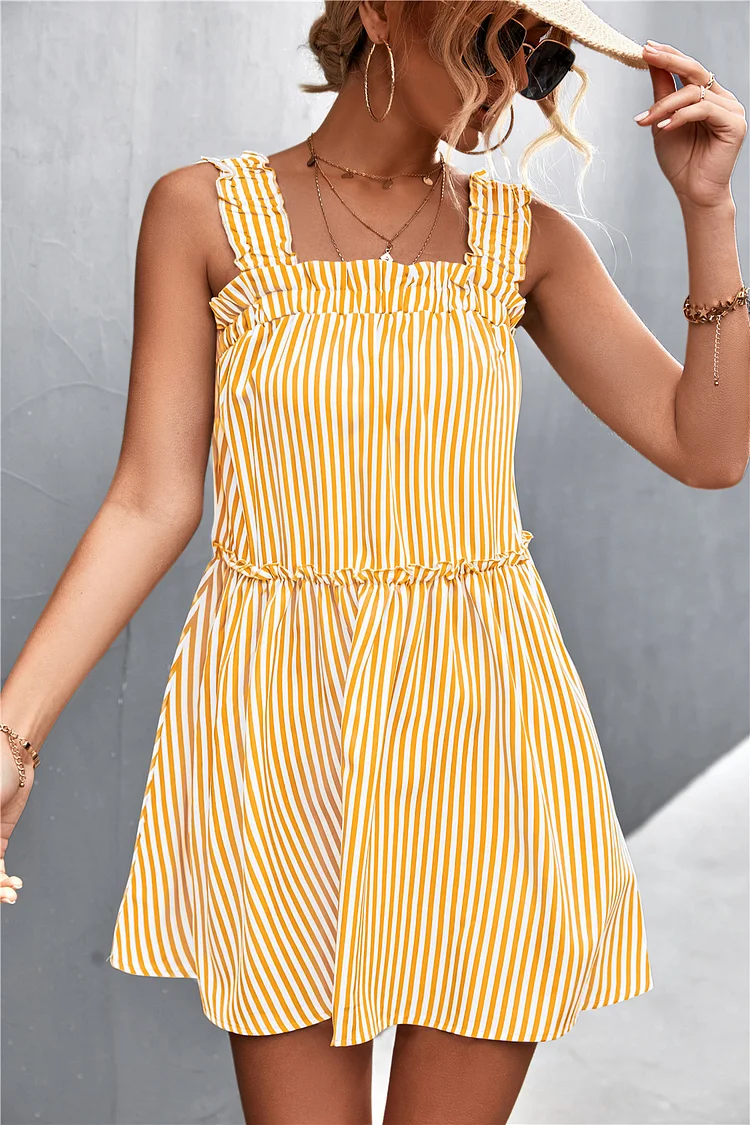 Sexy Elegant Sleeveless Mini Dress For Women Summer Dresses 2022 New Hot Sale Casual Spaghetti Strap Striped Ruffle Slip Dress