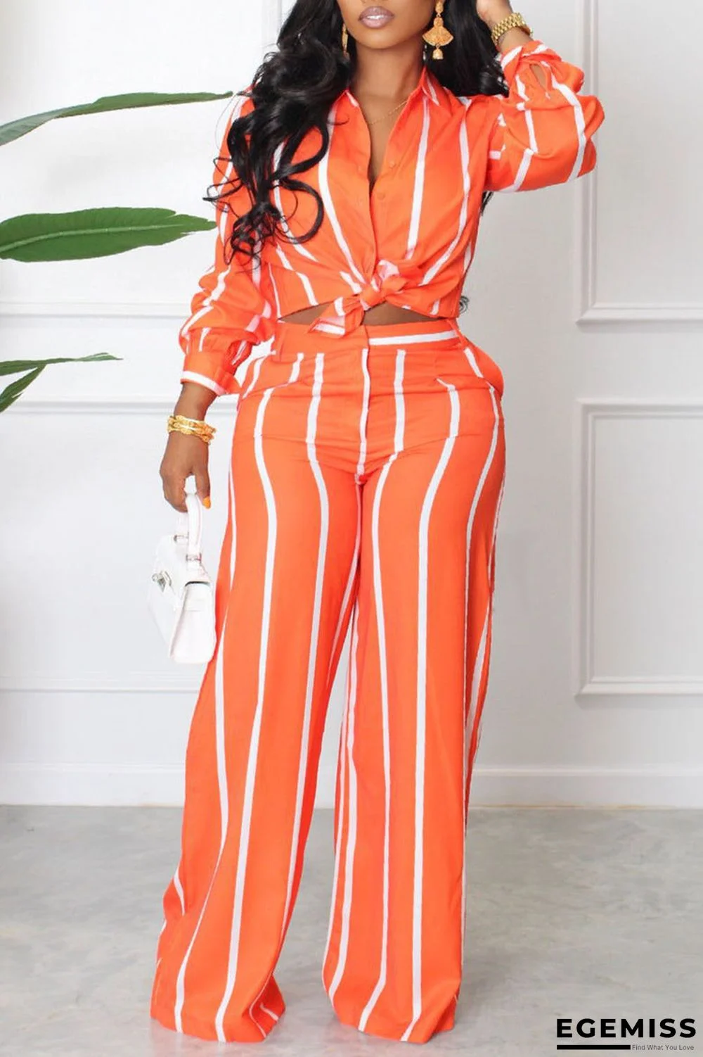 Tangerine Red Casual Striped Print Patchwork Turndown Collar Long Sleeve Two Pieces | EGEMISS