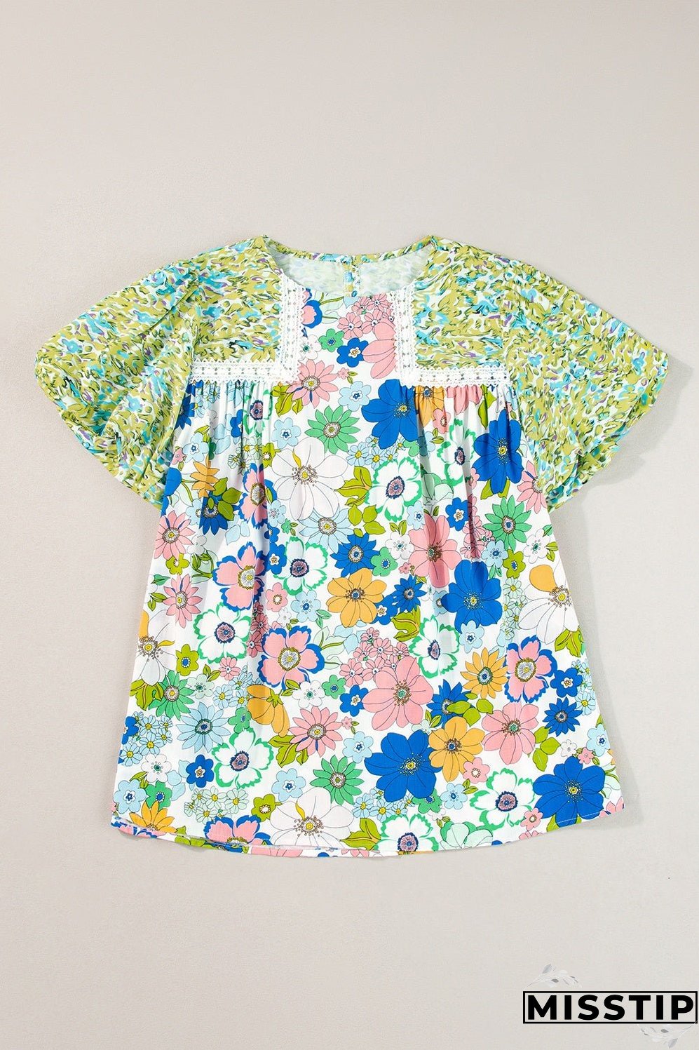 Printed Round Neck Puff Sleeve Blouse