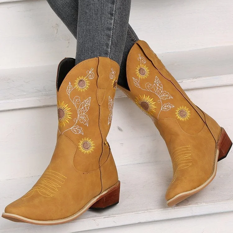 Women's Boots Sunflower Embroidery Rider Boots Cowboy Boots