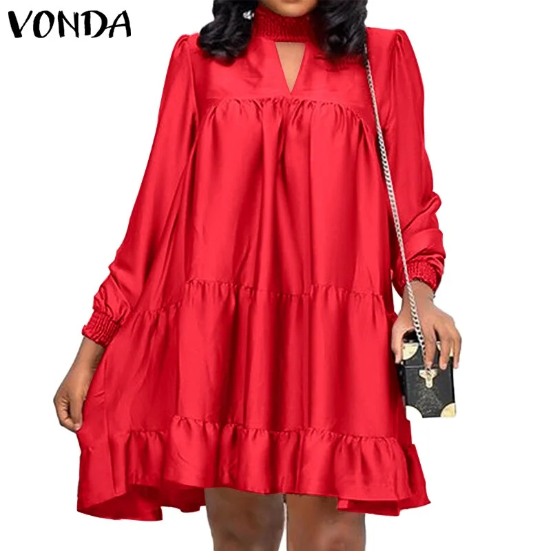 Women Satin Shirt Dress Elegant Knee-Length Dress 2022 VONDA Female Casual Solid Color Lace Long Sleeve Vestido  Robe
