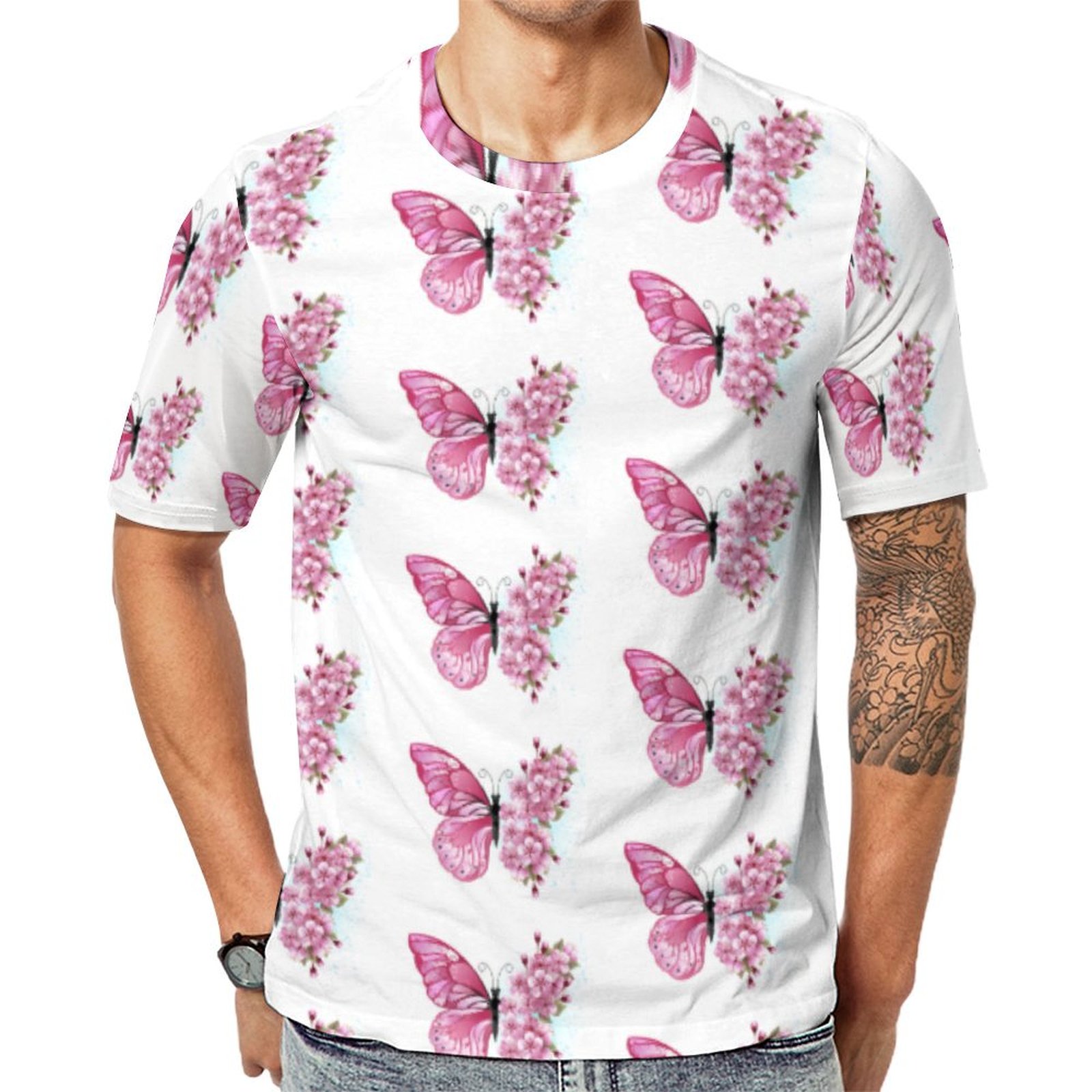 Flower Butterfly With Pink Sakura Short Sleeve Print Unisex Tshirt Summer Casual Tees for Men and Women Coolcoshirts