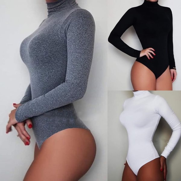 Women's Sexy Stretch Slim Bodycon Rompers High Collar Tights Long Sleeve Solid Color Jumpsuits - BlackFridayBuys