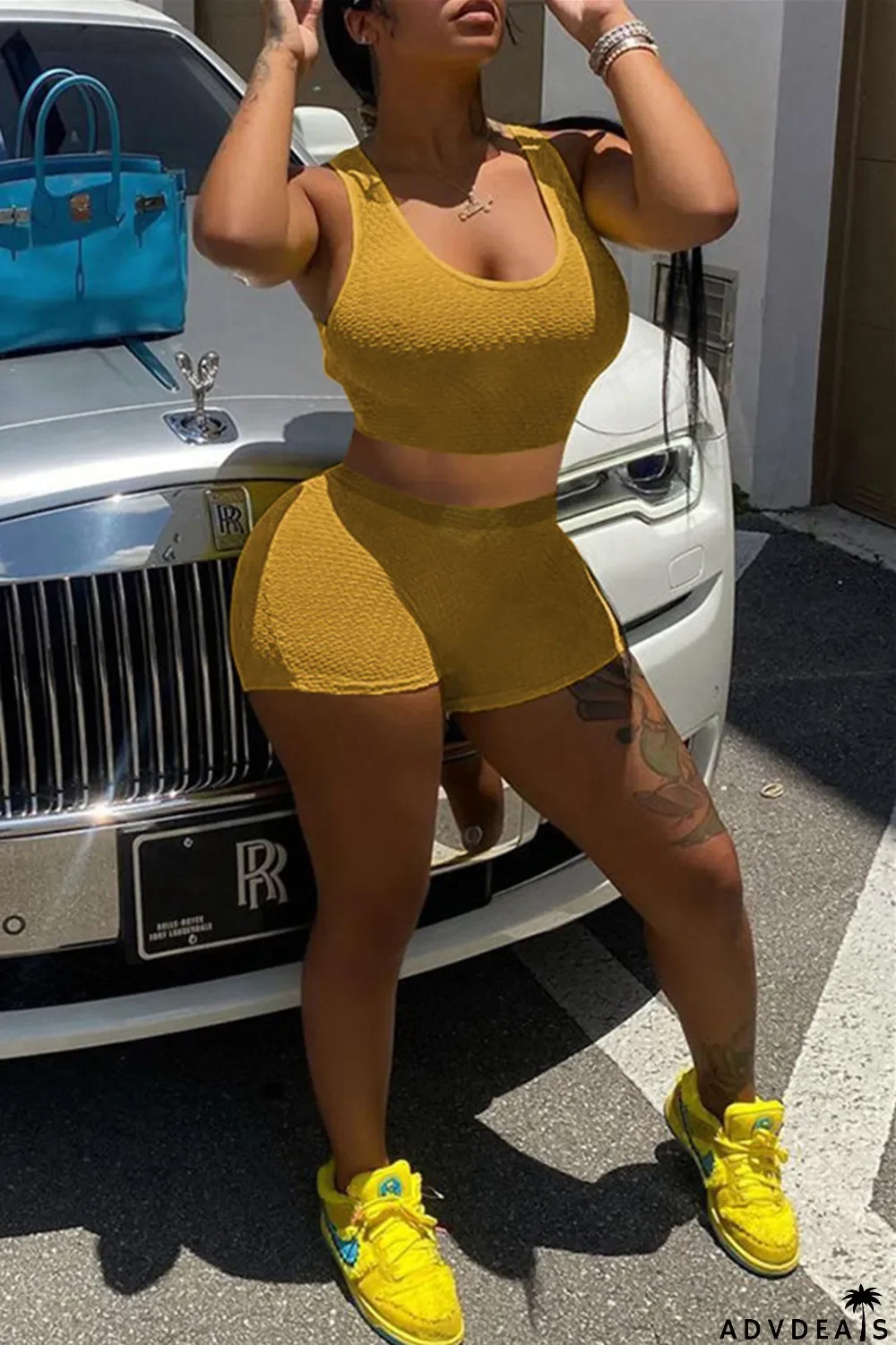 Yellow Fashion Casual Solid Basic U Neck Sleeveless Two Pieces