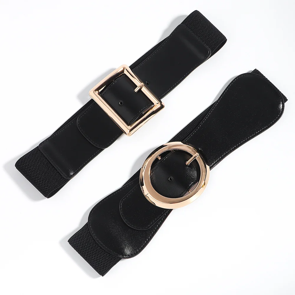 Women's Simple Metal Pin Buckle Black Elastic Waist Belt Slim Accessory Belt