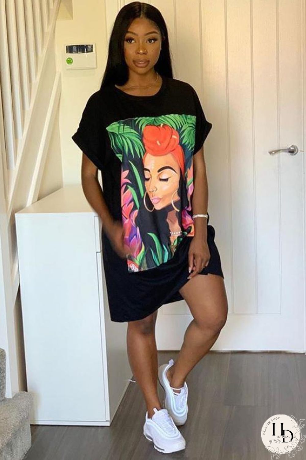 Black Cotton Casual Bat sleeve Short Sleeves O neck Step Skirt Knee-Length Print head portrait Print Dres