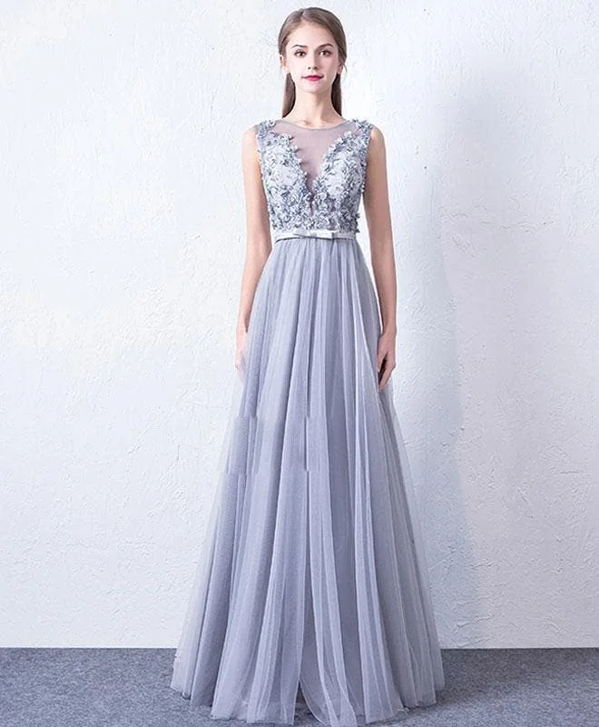 Gray Round Neck Tulle Lace Long Prom Dress, Gray Evening Dress