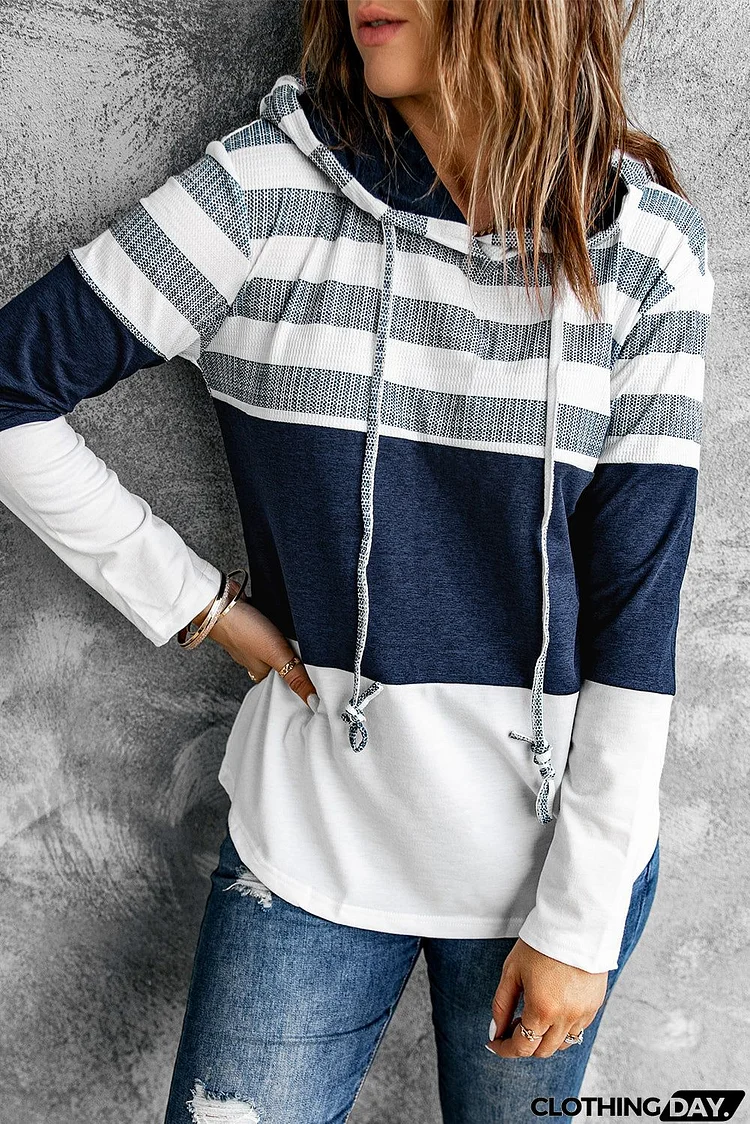 White Color Block Classic Pullover Drawstring Hoodie For Women