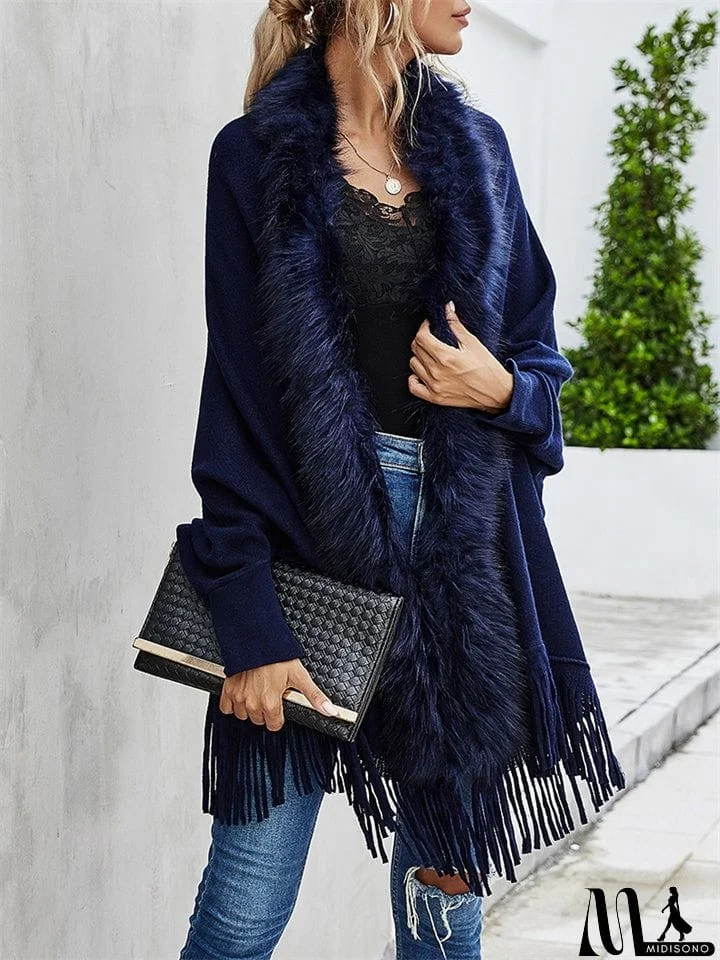 MidiSono - Elegant Lady Fur Collar Tassel Design Batwing Sleeve Cardigan Shawl Sweaters