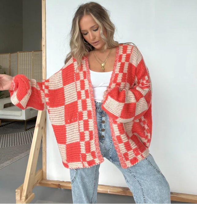 Women's Open Front Long Sleeve Loose Oversized Plaid Sweater Coat