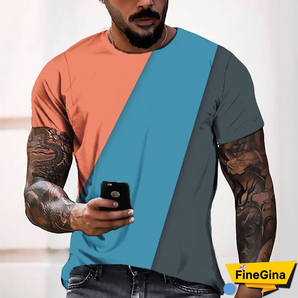3D Digital Printing Three-color Block Simple Style Men's Casual Loose Short-sleeve T-shirt