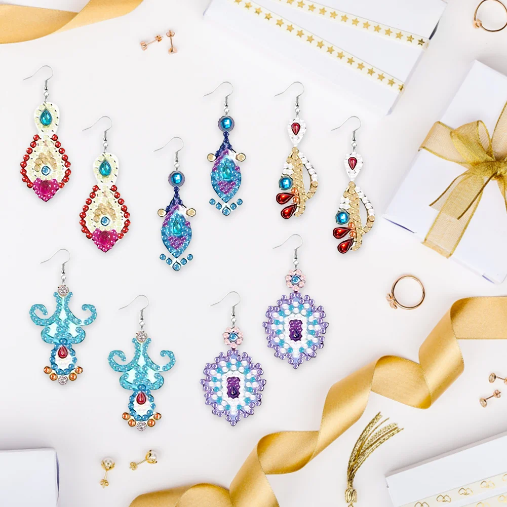 10Pairs DIY Double Sided Retro Pattern Holiday Diamond Art Earrings for Women Girls