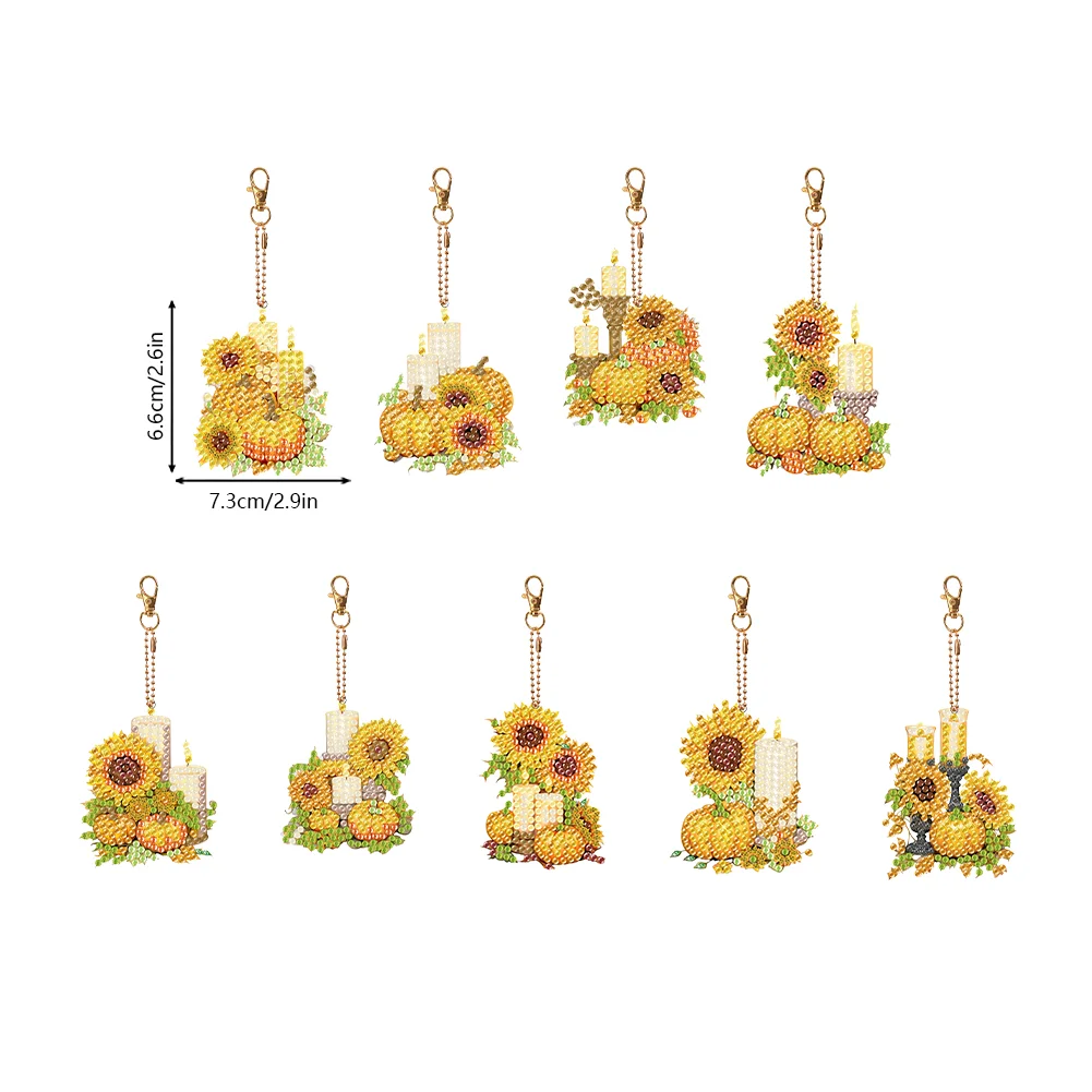9pcs DIY Pumpkin Sunflower Candle Double Sided Special Shape Diamond Painting Art Keychains Pendant