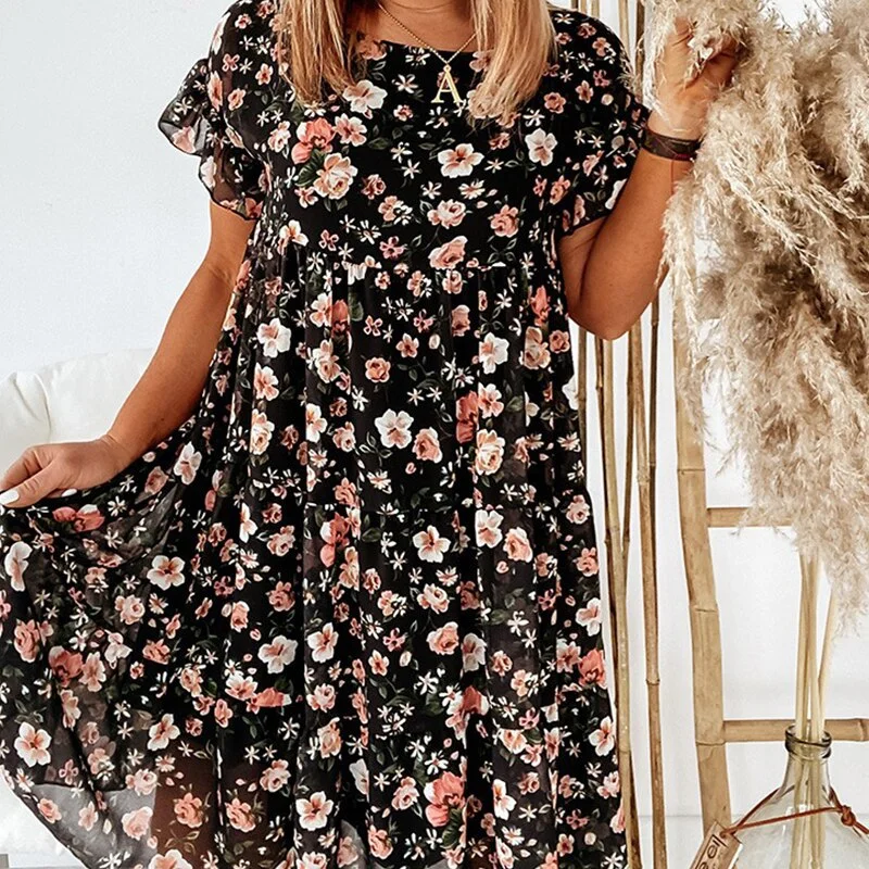 Boho Floral Dress Women Summer Flower Mini Dresses Female Print Short Sleeve A-Line Ruffles Loosed Dress Ladies Beach Vestidos